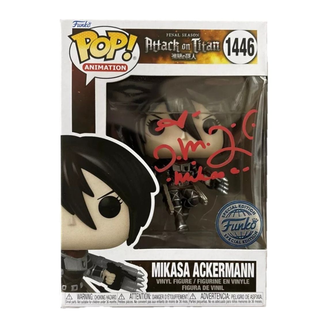 Trina Nishimura signed Mikasa Ackermann Funko POP! AoT #1446 Special Ed JSA Authenticated autograph