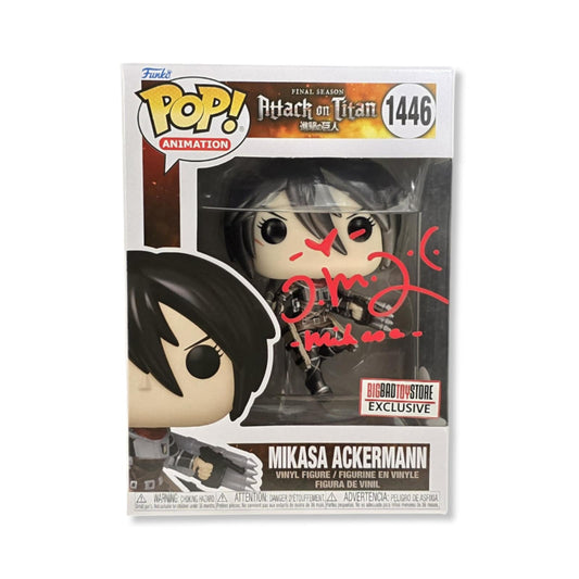 Trina Nishimura signed Mikasa Ackermann Funko POP! AoT #1446 BBTS Metallic Ex JSA Authenticated autograph